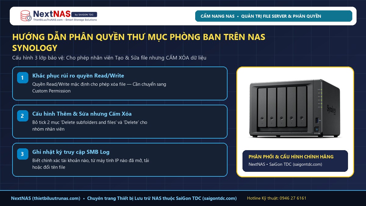 Hướng dẫn phân quyền thư mục NAS Synology DSM 7.2 cho doanh nghiệp: Chặn nhân viên xóa file (No Delete) & Bật nhật ký Log - Hình 1: Tổng quan & Phân tích kỹ thuật bởi Kỹ sư SaiGon TDC