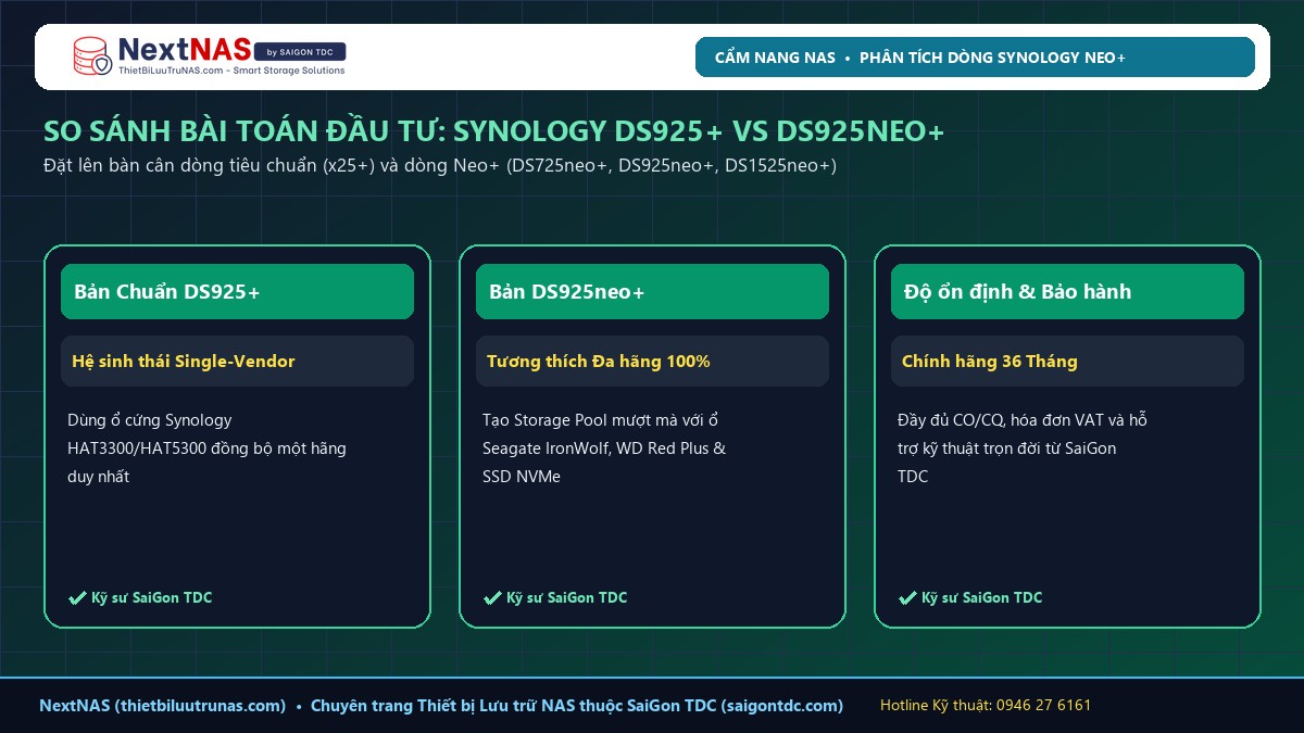 Phân Biệt Synology DS925+ và DS925neo+ (Dòng Neo+ Là Gì?) | SaiGon TDC - Hình 2: Sơ đồ kiến trúc & Thông số thực tế tại NextNAS
