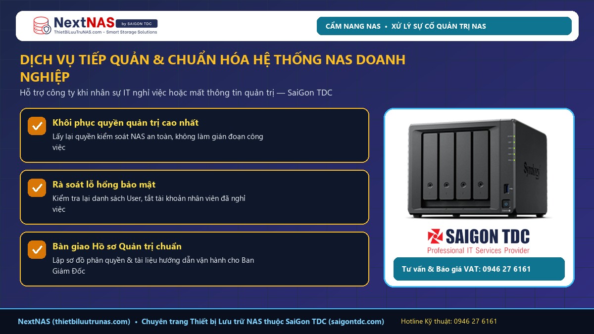 Quên mật khẩu Admin NAS Synology: Hướng dẫn Reset Mode 1 & Mode 2 an toàn 100% không mất dữ liệu - Hình 3: Khuyến nghị triển khai thực tế từ SaiGon TDC (saigontdc.com)
