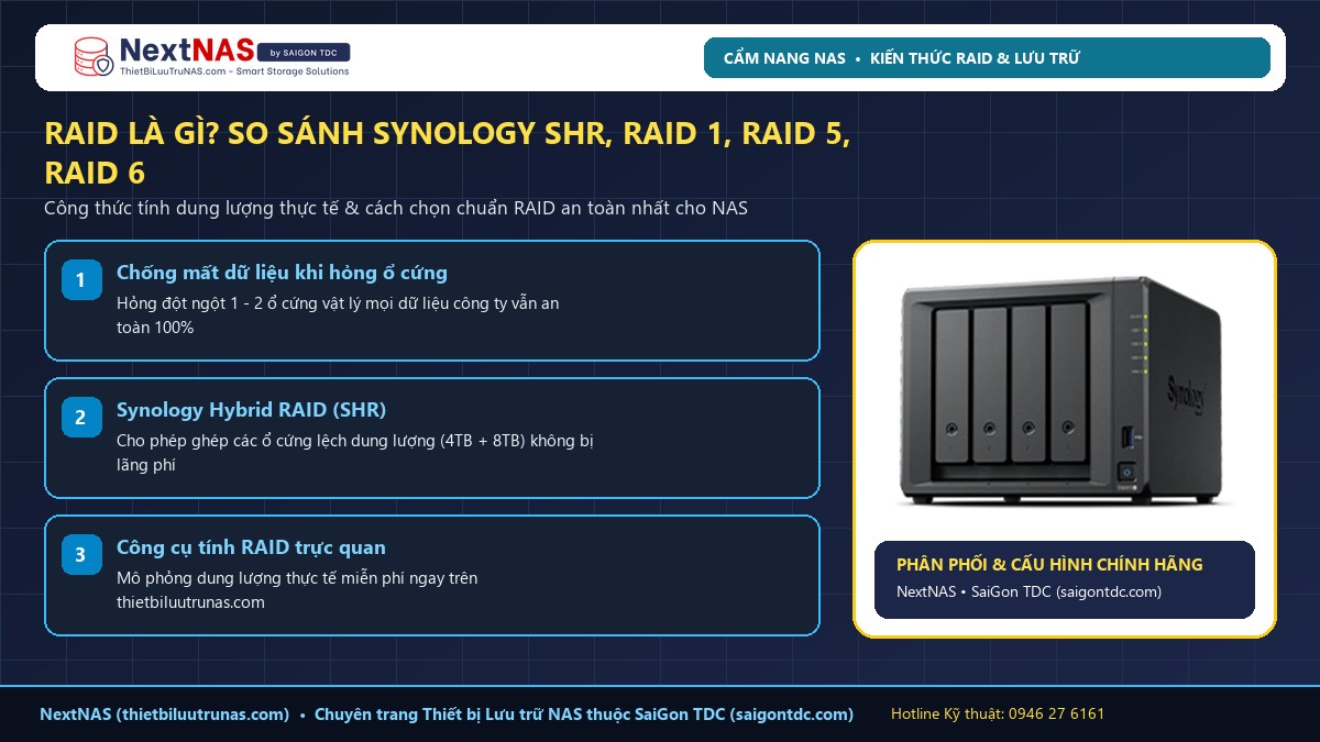 RAID là gì? Công thức tính dung lượng và cách chọn Synology SHR, RAID 1, RAID 5, RAID 6, RAID 10 chuẩn kỹ thuật