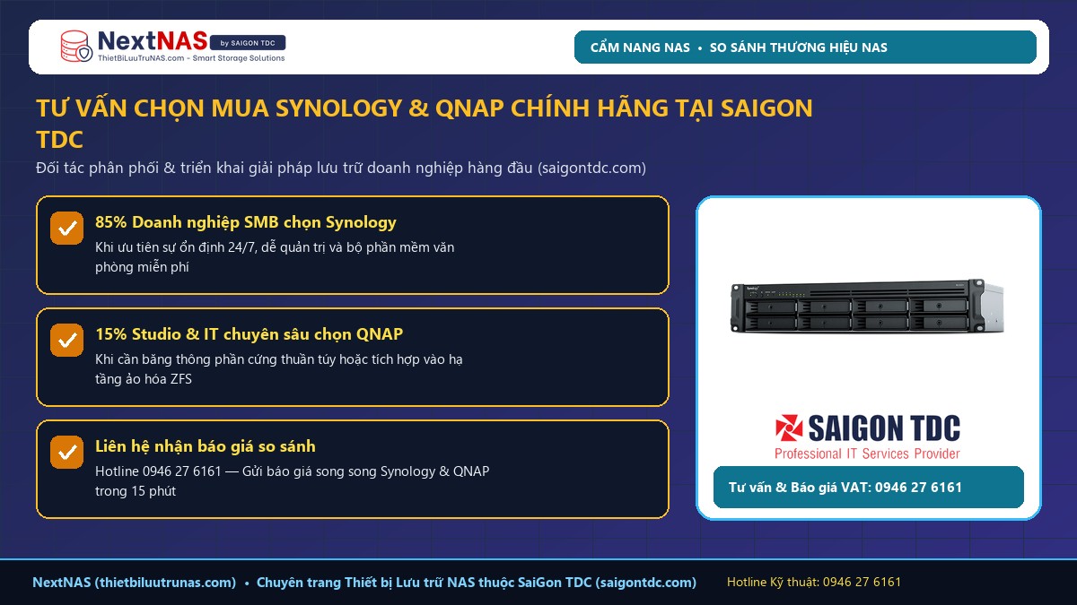 So sánh NAS Synology và NAS QNAP (2026): Đánh giá khách quan ưu nhược điểm từ kỹ sư triển khai thực tế - Hình 3: Khuyến nghị triển khai thực tế từ SaiGon TDC (saigontdc.com)
