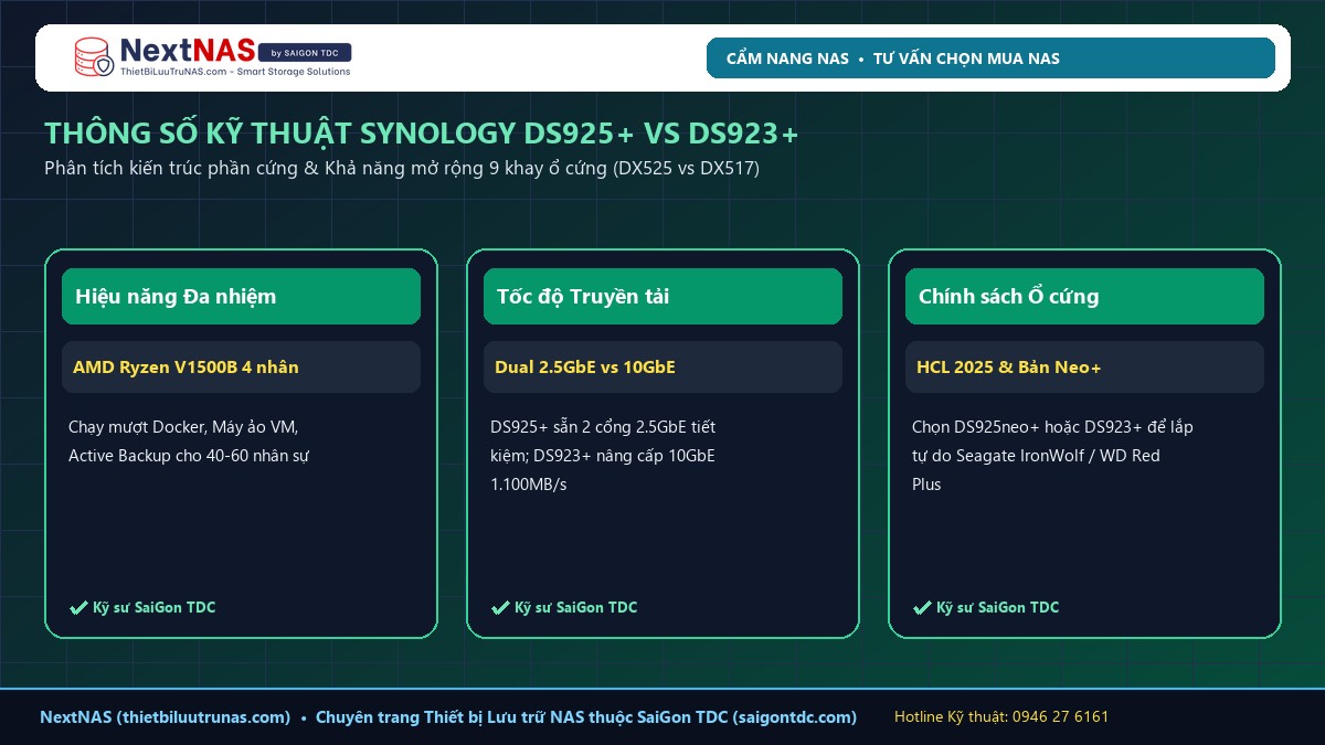 So Sánh Synology DS925+ và DS923+ Chi Tiết (2025): Nên Mua Mẫu Nào? | SaiGon TDC - Hình 2: Sơ đồ kiến trúc & Thông số thực tế tại NextNAS