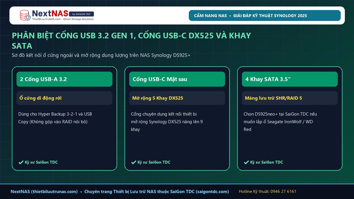 Synology DS925+ Có Dùng Được Ổ Cứng Ngoài (Seagate, WD, USB) Không? | SaiGon TDC - Hình 2: Sơ đồ kiến trúc & Thông số thực tế tại NextNAS