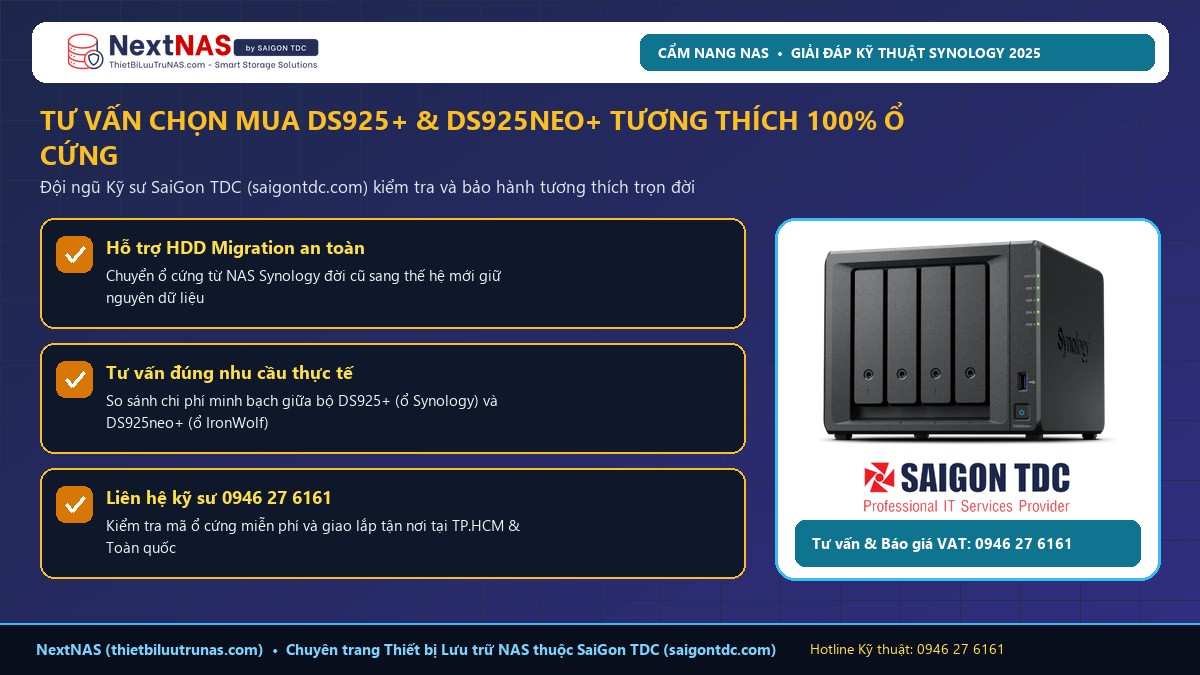 NAS Synology DS925+ có dùng được ổ cứng ngoài (Seagate, WD) và ổ cứng di động USB không? Giải đáp từ Kỹ sư - Hình 3: Khuyến nghị triển khai thực tế từ SaiGon TDC (saigontdc.com)
