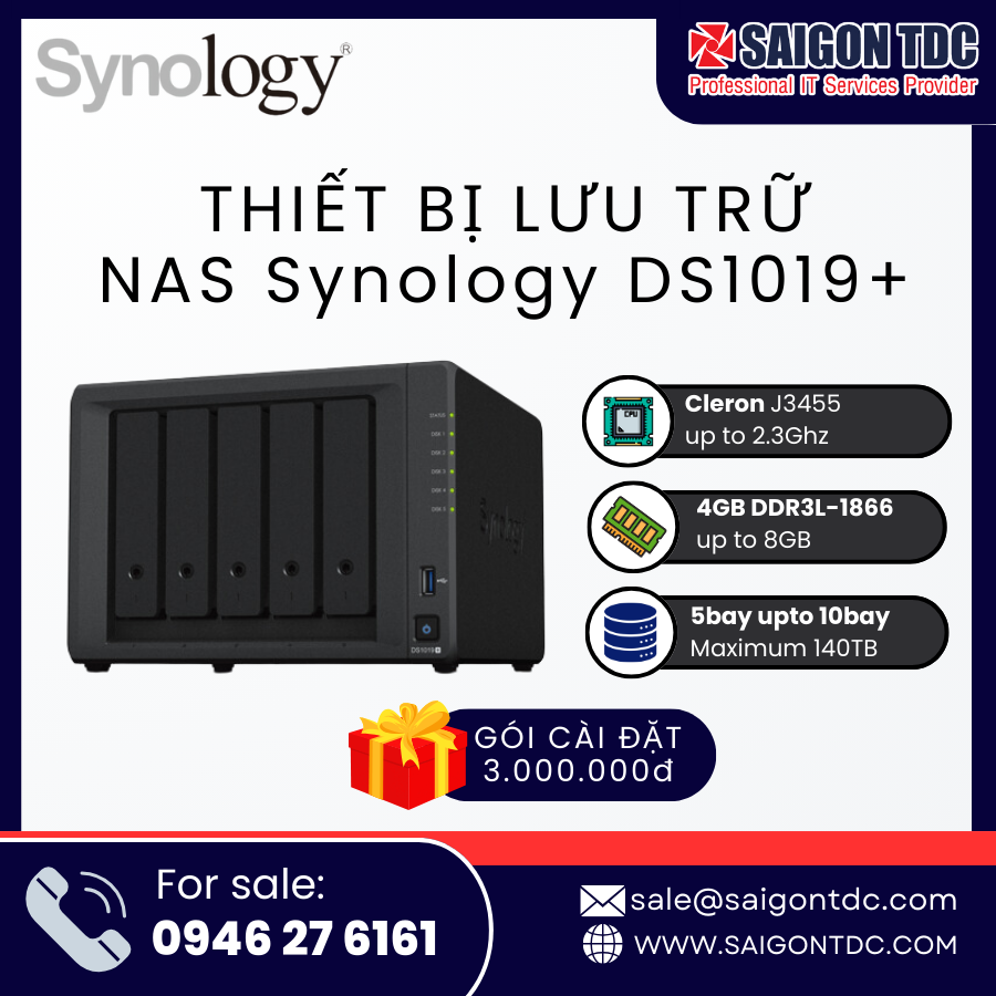 Thiết bị lưu trữ NAS Synology DiskStation DS1019+ (5-Bay, Sẵn 8GB RAM, 2 khe M.2 NVMe) Chính Hãng tại SaiGon TDC