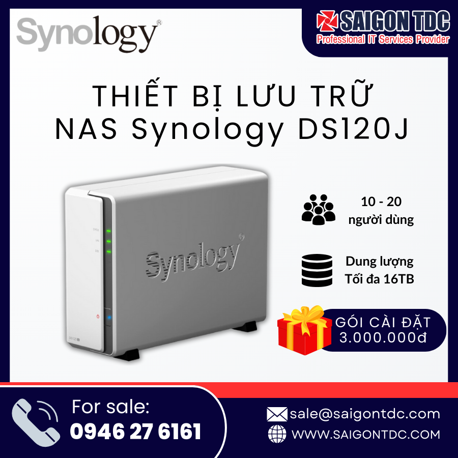 Thiết bị lưu trữ NAS Synology DiskStation DS120j (1-Bay, Nhỏ Gọn Tiết Kiệm Cho Cá Nhân) Chính Hãng tại SaiGon TDC