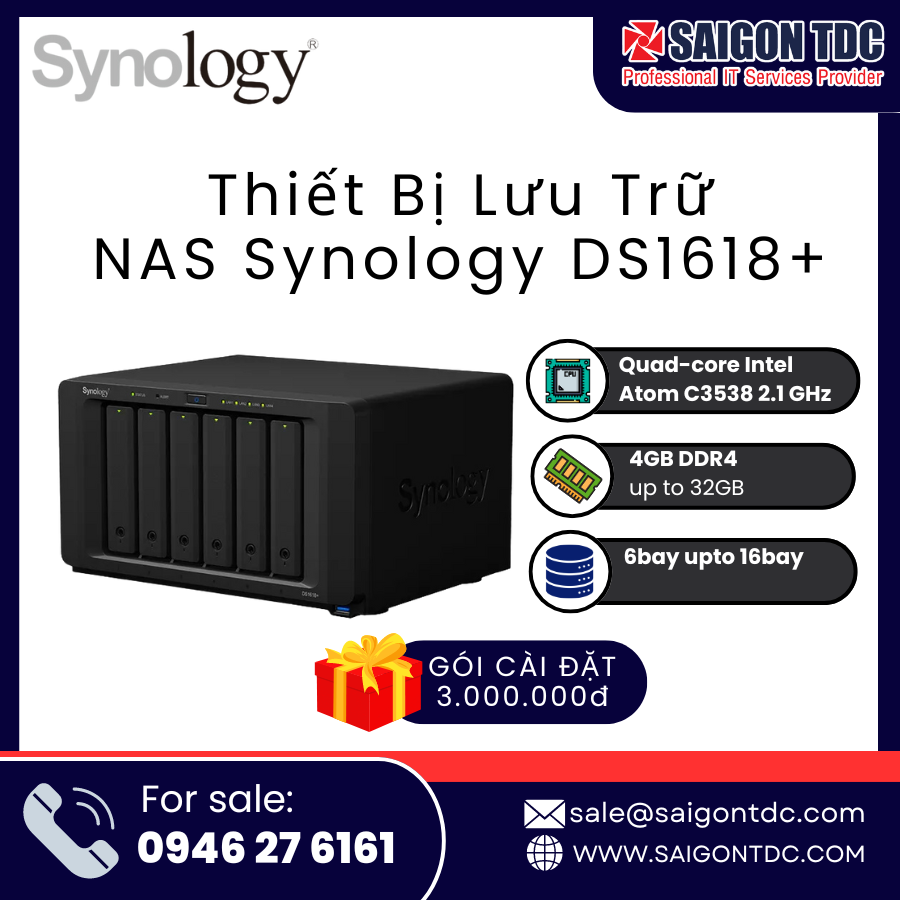 Thiết bị lưu trữ NAS Synology DiskStation DS1618+ (6-Bay, Intel Atom Quad-Core, Hỗ trợ RAM ECC & 10GbE) Chính Hãng tại SaiGon TDC