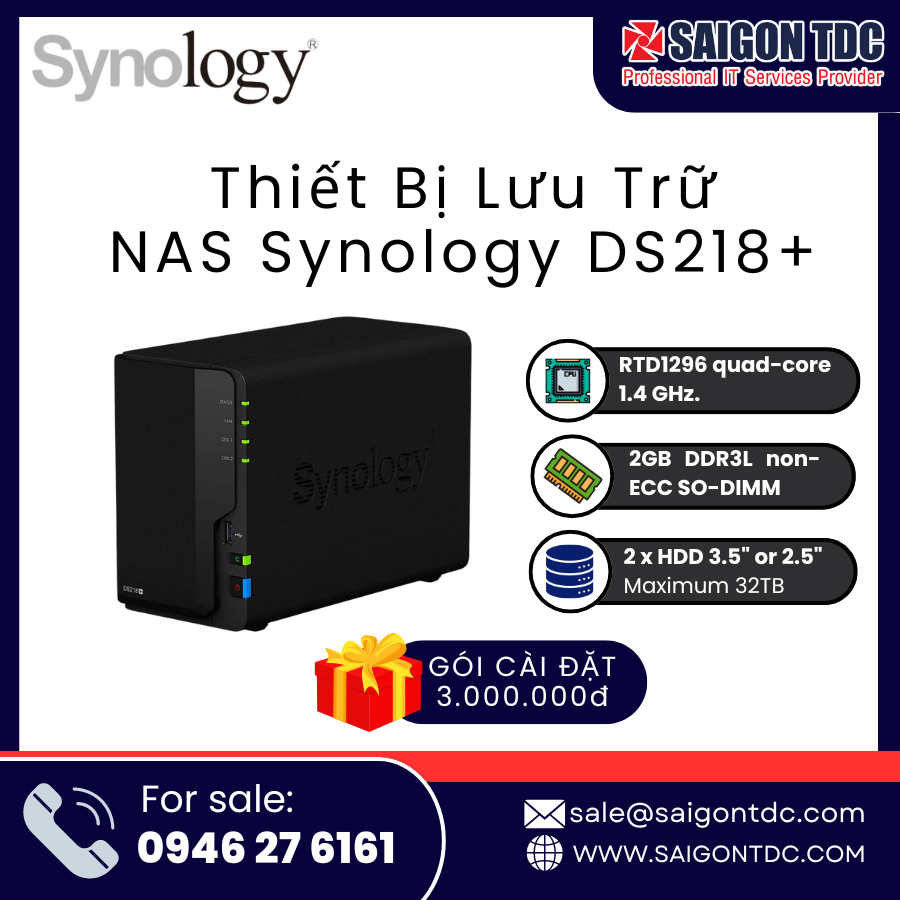 Thiết bị lưu trữ mạng NAS Synology DiskStation DS218+ (2-Bay, Intel Celeron, Nâng cấp RAM 6GB) Chính Hãng tại SaiGon TDC