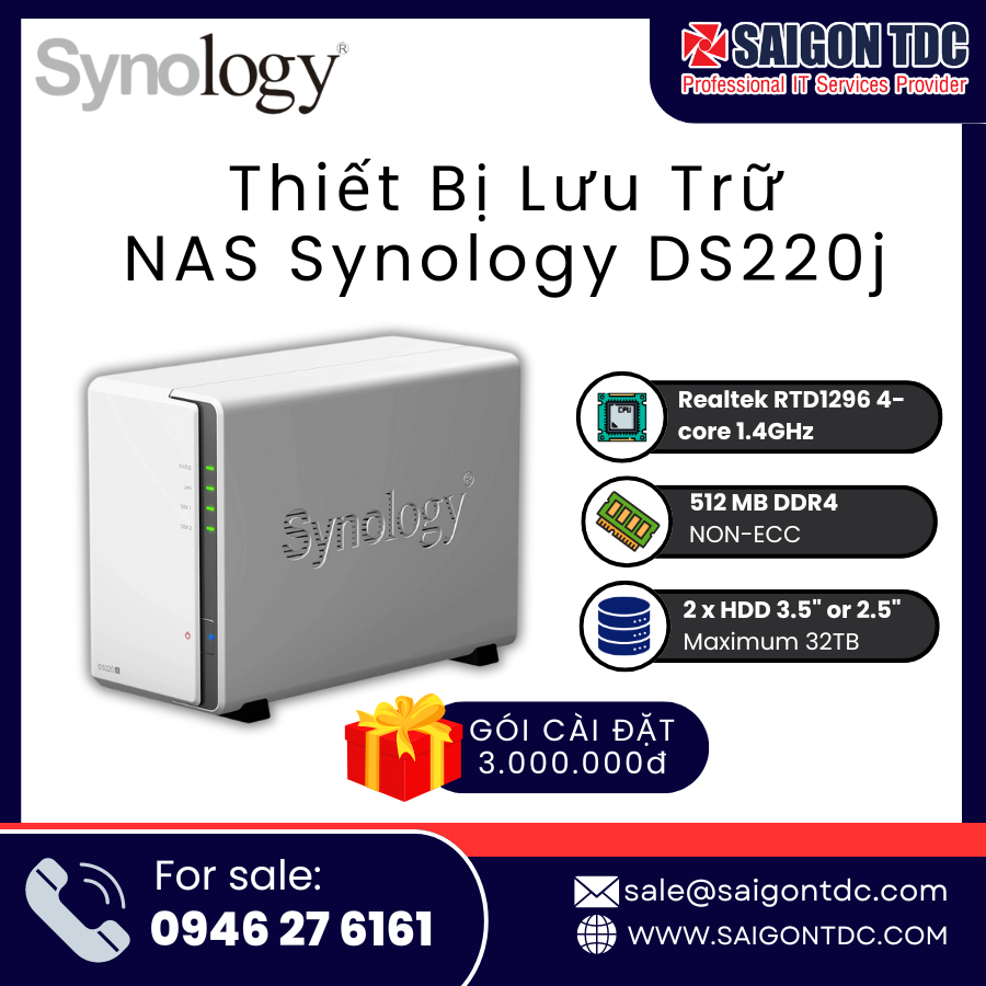 Thiết bị lưu trữ NAS Synology DiskStation DS220j (2-Bay, Quad-Core, Dòng J Gia Đình) Chính Hãng tại SaiGon TDC