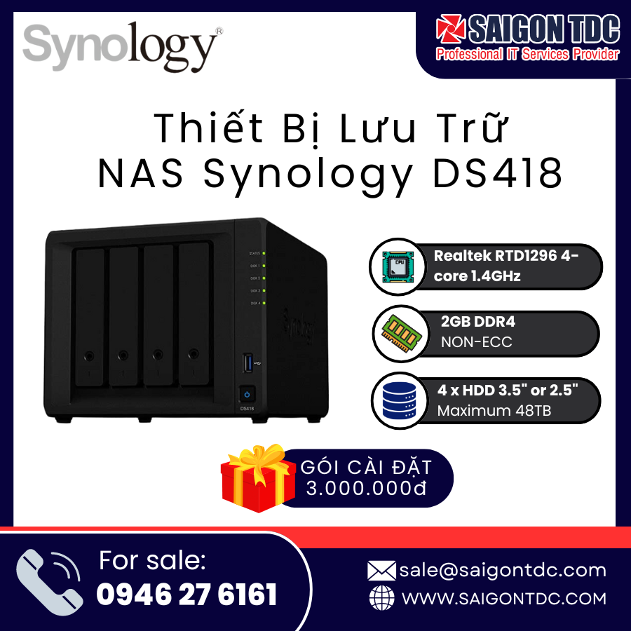 Thiết bị lưu trữ NAS Synology DiskStation DS418 (4-Bay, Quad-Core, 2GB RAM, Dòng Value) Chính Hãng tại SaiGon TDC