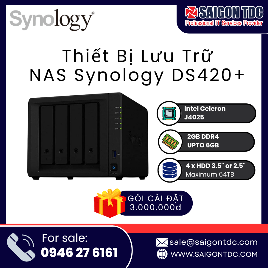 Thiết bị lưu trữ NAS Synology DiskStation DS420+ (4-Bay, Intel Celeron, 2 khe M.2 NVMe) Chính Hãng tại SaiGon TDC
