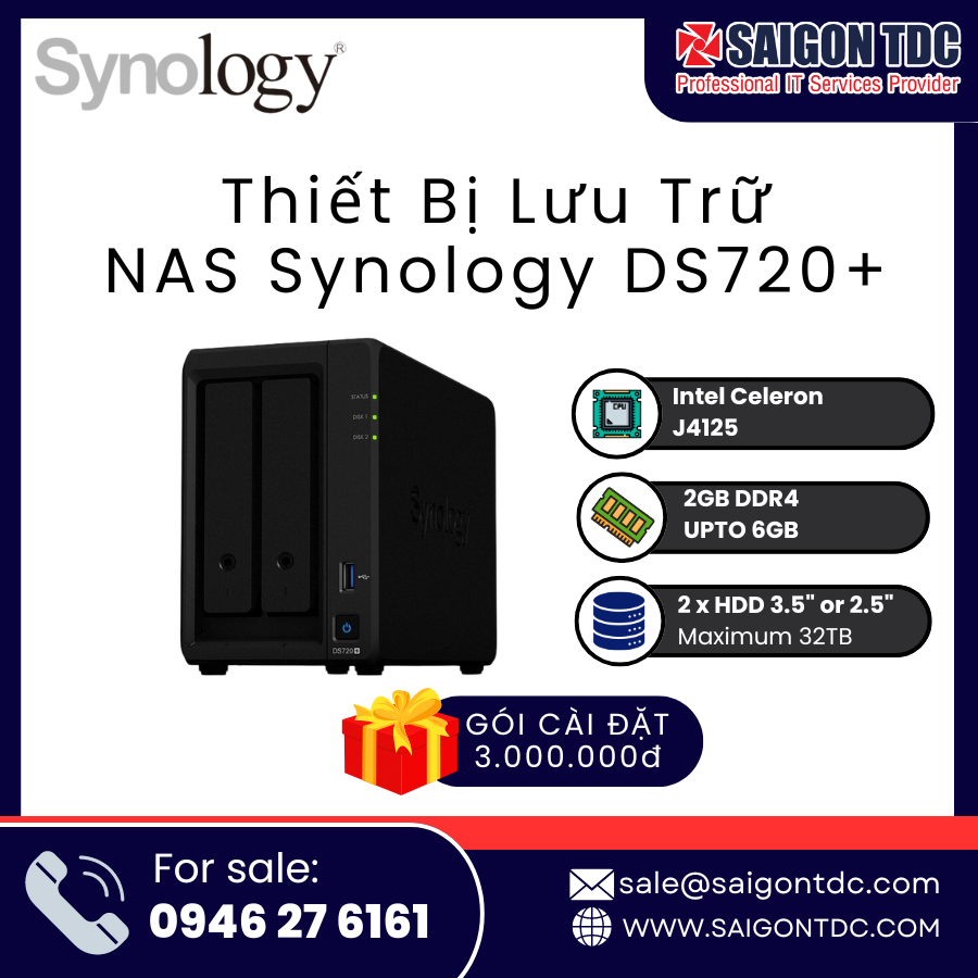 Thiết bị lưu trữ NAS Synology DiskStation DS720+ (2-Bay, Mở rộng 7-Bay, 2 khe M.2 NVMe) Chính Hãng tại SaiGon TDC