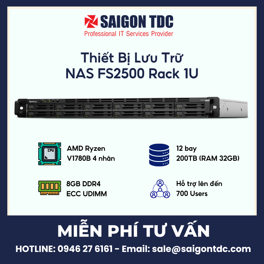 Thiết bị lưu trữ All-Flash NAS Synology FlashStation FS2500 (Rack 1U, 12-Bay 2.5" SATA SSD, Dual 10GbE) Chính Hãng tại SaiGon TDC