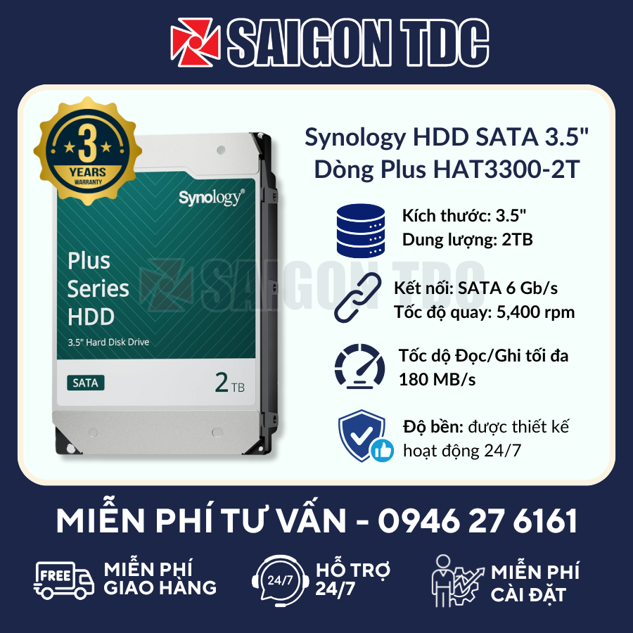 Ổ cứng HDD NAS Synology Plus Series HAT3300-2T 2TB (3.5" SATA III, 256MB Cache, 5400RPM CMR) Chính Hãng tại SaiGon TDC