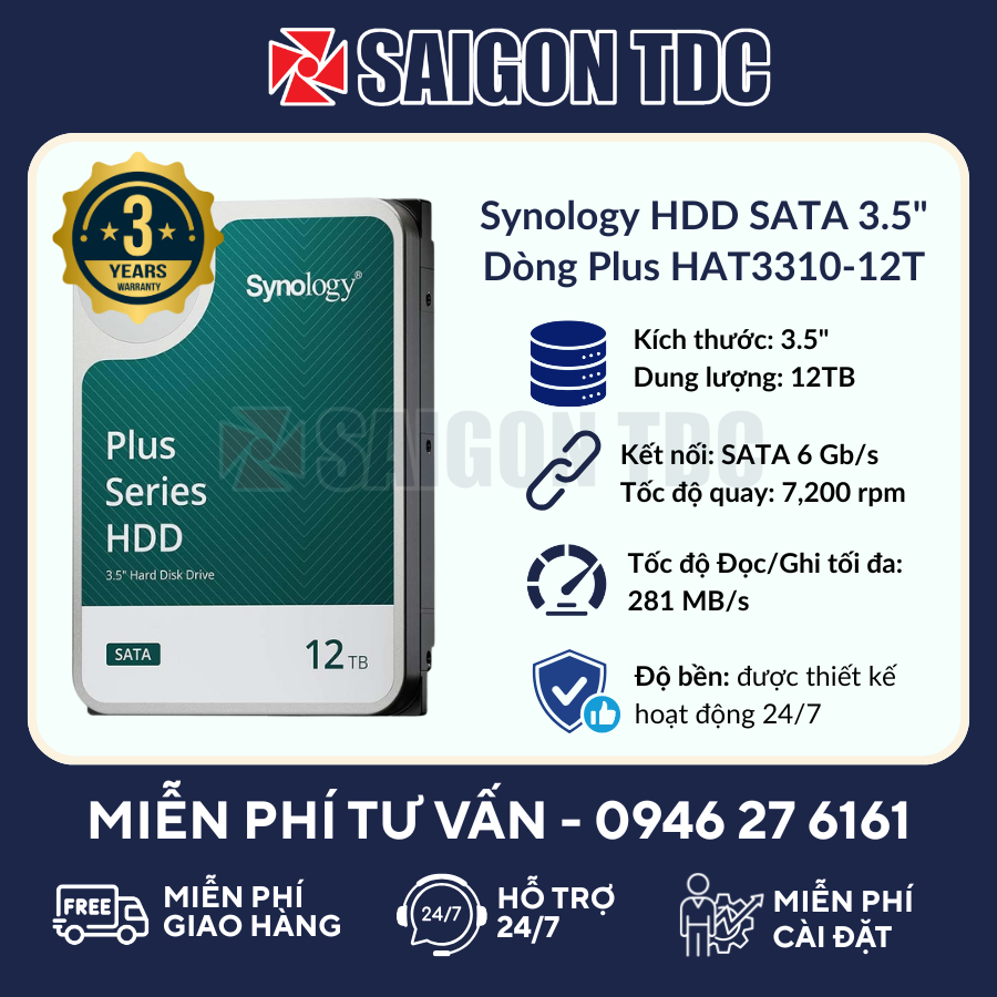 Ổ cứng HDD NAS Synology Plus Series HAT3310-12T 12TB (3.5" SATA, 7200RPM, 256MB Cache, CMR) Chính Hãng tại SaiGon TDC