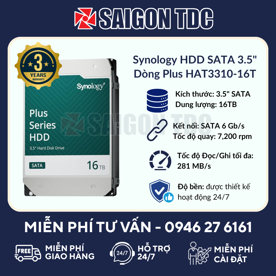 Ổ cứng HDD NAS Synology Plus Series HAT3310-16T 16TB (3.5" SATA, 7200RPM, 512MB Cache, CMR) Chính Hãng tại SaiGon TDC