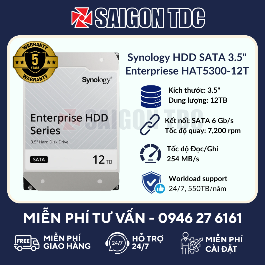 Ổ cứng HDD NAS Synology Enterprise Series HAT5300-12T 12TB (3.5" SATA, 7200RPM, 256MB Cache, CMR) Chính Hãng tại SaiGon TDC
