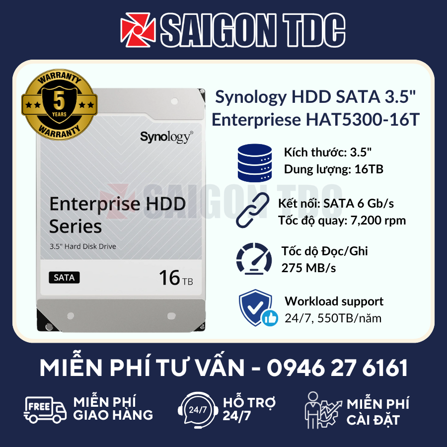Ổ cứng HDD NAS Synology Enterprise Series HAT5300-16T 16TB (3.5" SATA, 7200RPM, 512MB Cache, CMR) Chính Hãng tại SaiGon TDC