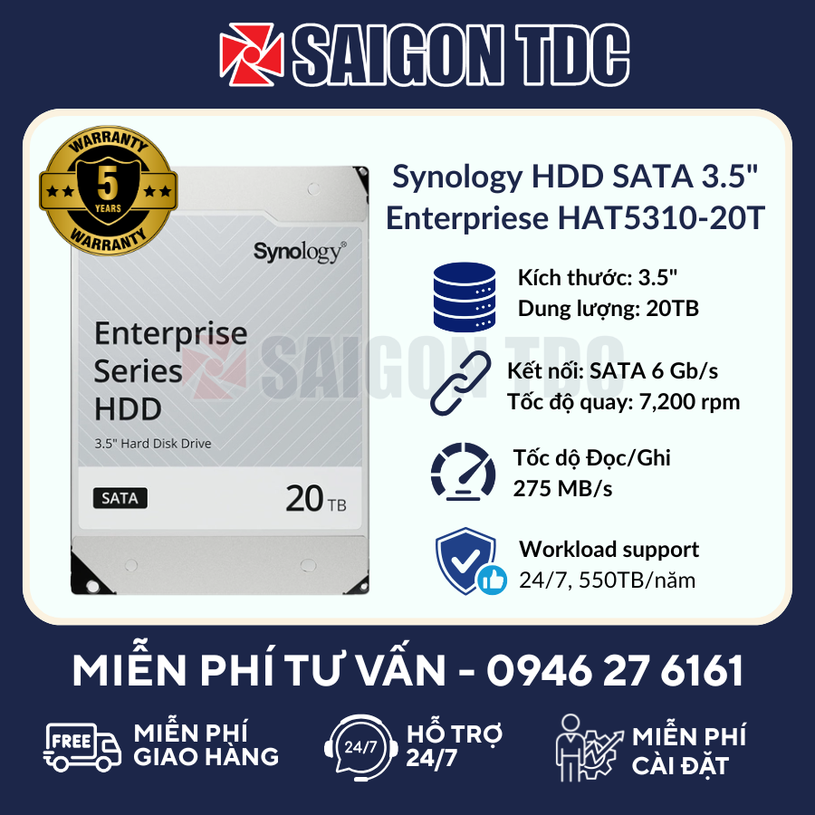 Ổ cứng HDD NAS Synology Enterprise Series HAT5310-20T 20TB (3.5" SATA, 7200RPM, 512MB Cache, CMR) Chính Hãng tại SaiGon TDC
