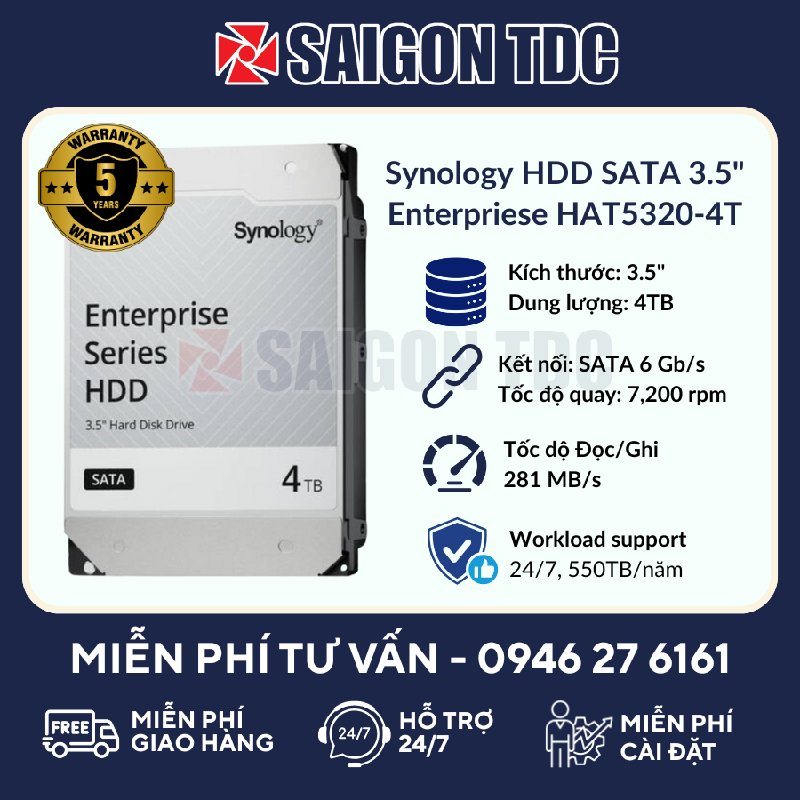 Ổ cứng HDD NAS Synology Enterprise Series HAT5320-4T 4TB (3.5" SATA, 7200RPM, 256MB Cache, CMR) Chính Hãng tại SaiGon TDC