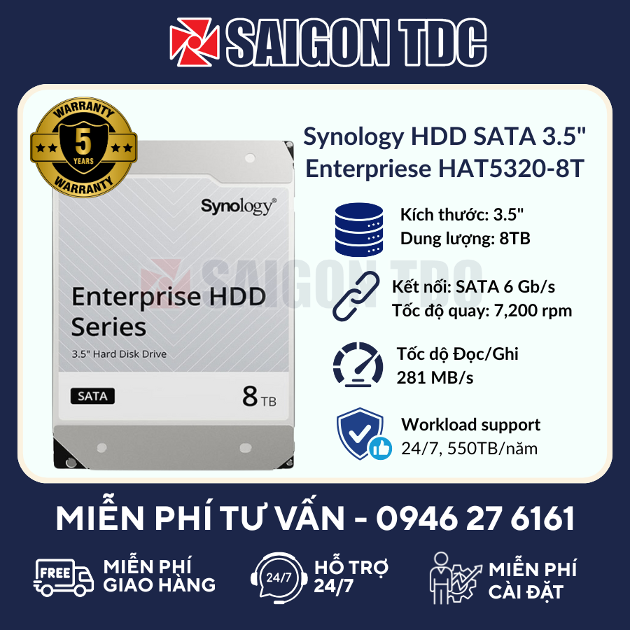 Ổ cứng HDD NAS Synology Enterprise Series HAT5320-8T 8TB (3.5" SATA, 7200RPM, 256MB Cache, CMR) Chính Hãng tại SaiGon TDC