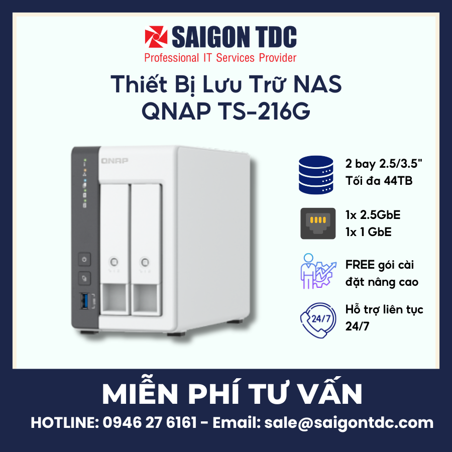 Thiết bị lưu trữ NAS QNAP TS-216G (2-Bay, Quad-Core 2.0GHz, 4GB RAM, LAN 2.5GbE + 1GbE) Chính Hãng tại SaiGon TDC