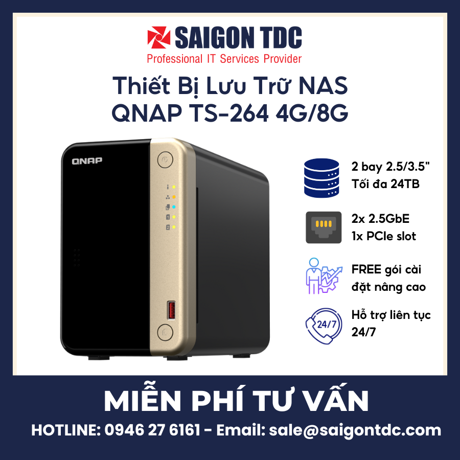 Thiết bị lưu trữ NAS QNAP TS-264-8G (2-Bay, Intel N5095, 8GB RAM, Dual 2.5GbE, 2 khe M.2 NVMe, PCIe) Chính Hãng tại SaiGon TDC