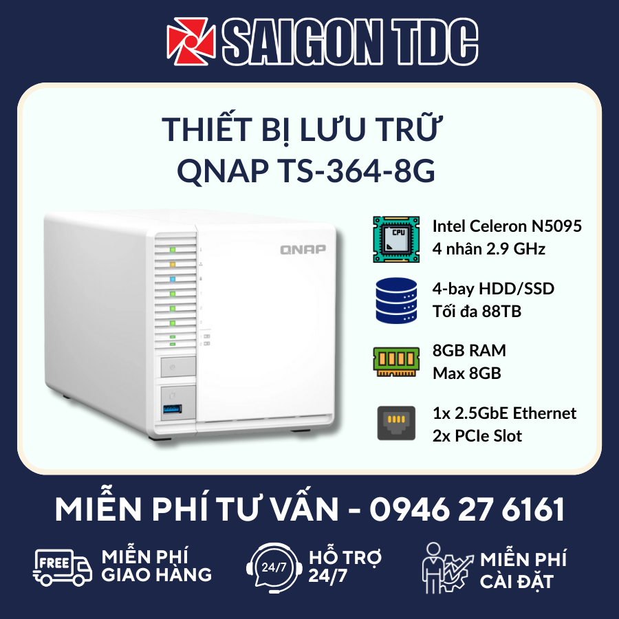 Thiết bị lưu trữ mạng NAS QNAP TS-364 (3-Bay HDD + 2 khe M.2 NVMe, Intel N5095, LAN 2.5GbE) Chính Hãng tại SaiGon TDC