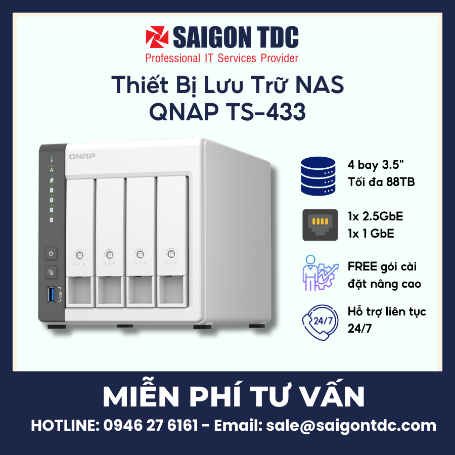 Thiết bị lưu trữ NAS QNAP TS-433 (4-Bay, Quad-Core 2.0GHz, 4GB RAM, LAN 2.5GbE + 1GbE) Chính Hãng tại SaiGon TDC