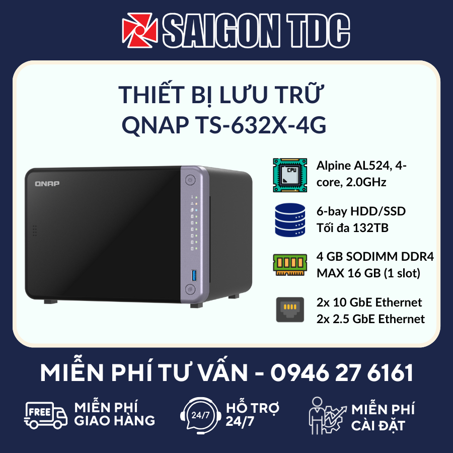 Thiết bị lưu trữ NAS QNAP TS-632X-4G (6-Bay, Quad-Core 2.0GHz, 4GB RAM, Dual 10GbE SFP+) Chính Hãng tại SaiGon TDC