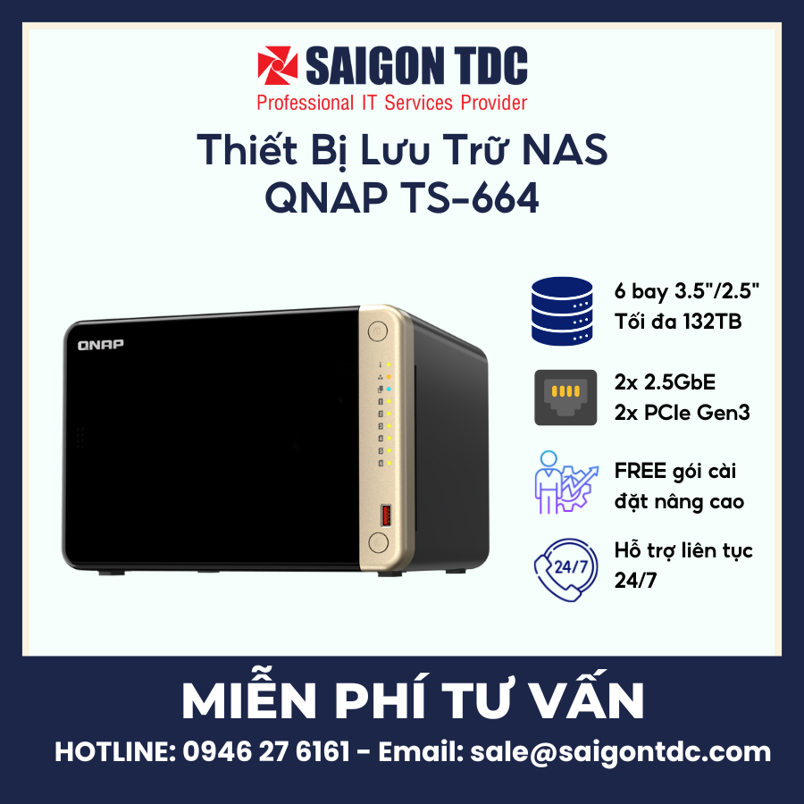 Thiết bị lưu trữ Desktop NAS QNAP TS-664 (6-Bay, Intel N5095, Dual 2.5GbE, 2 khe M.2 NVMe, PCIe) Chính Hãng tại SaiGon TDC