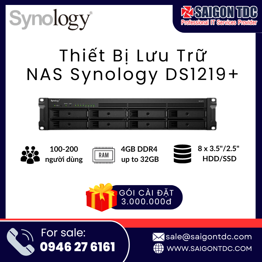 Thiết bị lưu trữ Doanh nghiệp NAS Synology RackStation RS1219+ (2U Short-Depth, 8-Bay, Mở rộng 12-Bay) Chính Hãng tại SaiGon TDC
