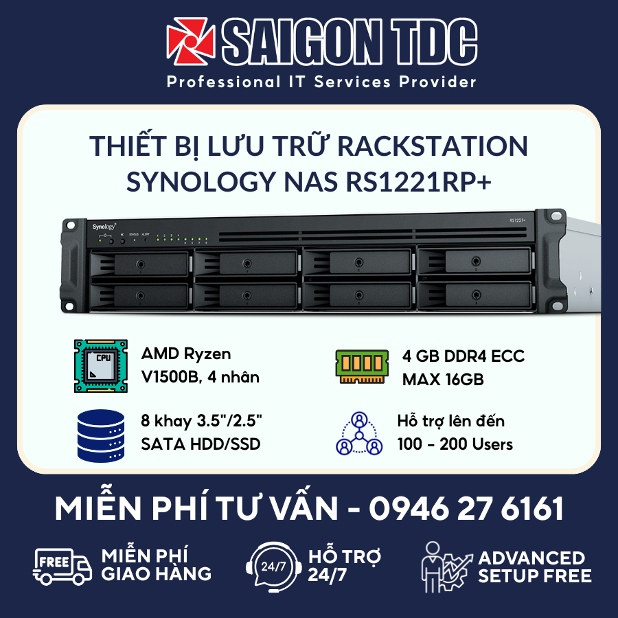 Thiết bị NAS Rackmount Synology RackStation RS1221RP+ (2U, 8-Bay, Nguồn Dự Phòng Kép Redundant PSU) Chính Hãng tại SaiGon TDC