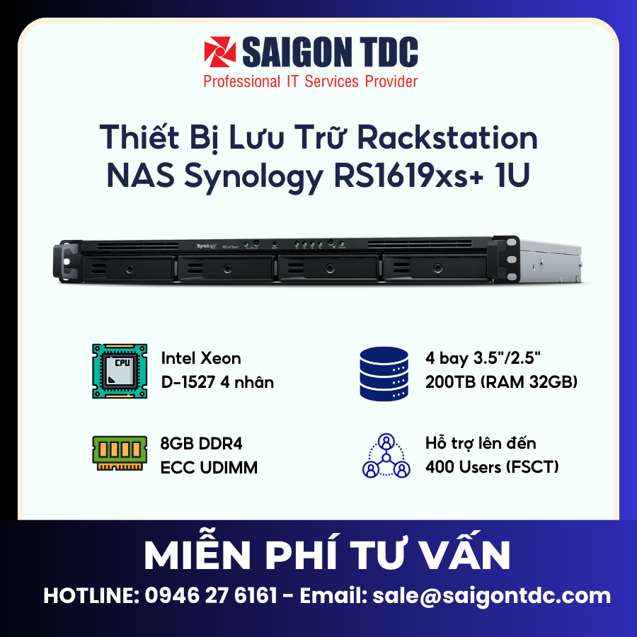Thiết bị lưu trữ NAS Rackmount Synology RackStation RS1619xs+ (1U, 4-Bay, Intel Xeon, 2x M.2 NVMe, Nguồn Kép) Chính Hãng tại SaiGon TDC