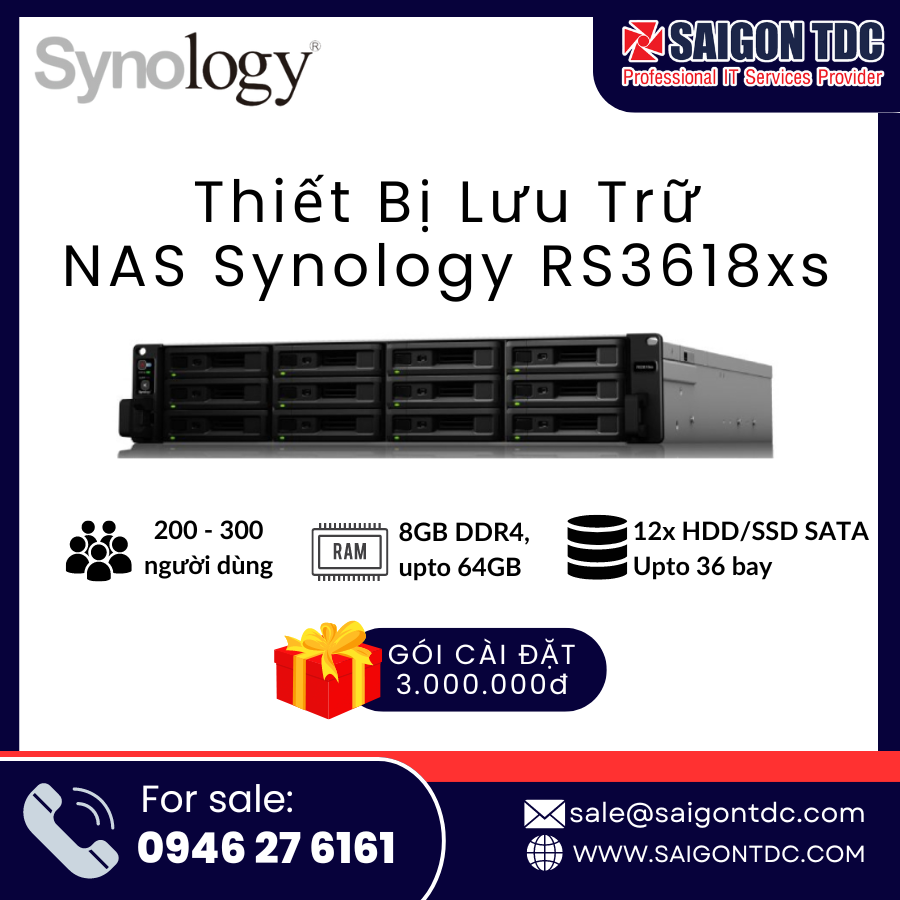 Thiết bị lưu trữ Doanh nghiệp NAS Synology RackStation RS3618xs (2U, 12-Bay, Intel Xeon, Mở rộng 36-Bay) Chính Hãng tại SaiGon TDC