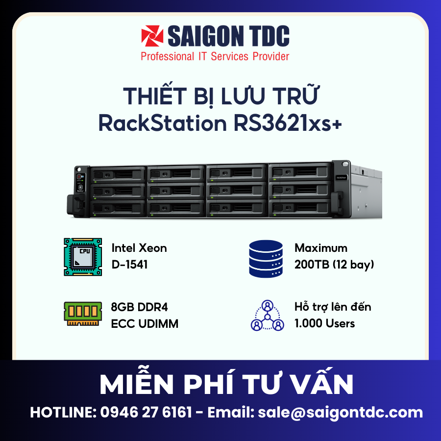 Thiết bị lưu trữ NAS Rackmount Synology RackStation RS3621xs+ (2U, 12-Bay, Xeon 8-Core, Dual 10GbE, Nguồn Kép) Chính Hãng tại SaiGon TDC
