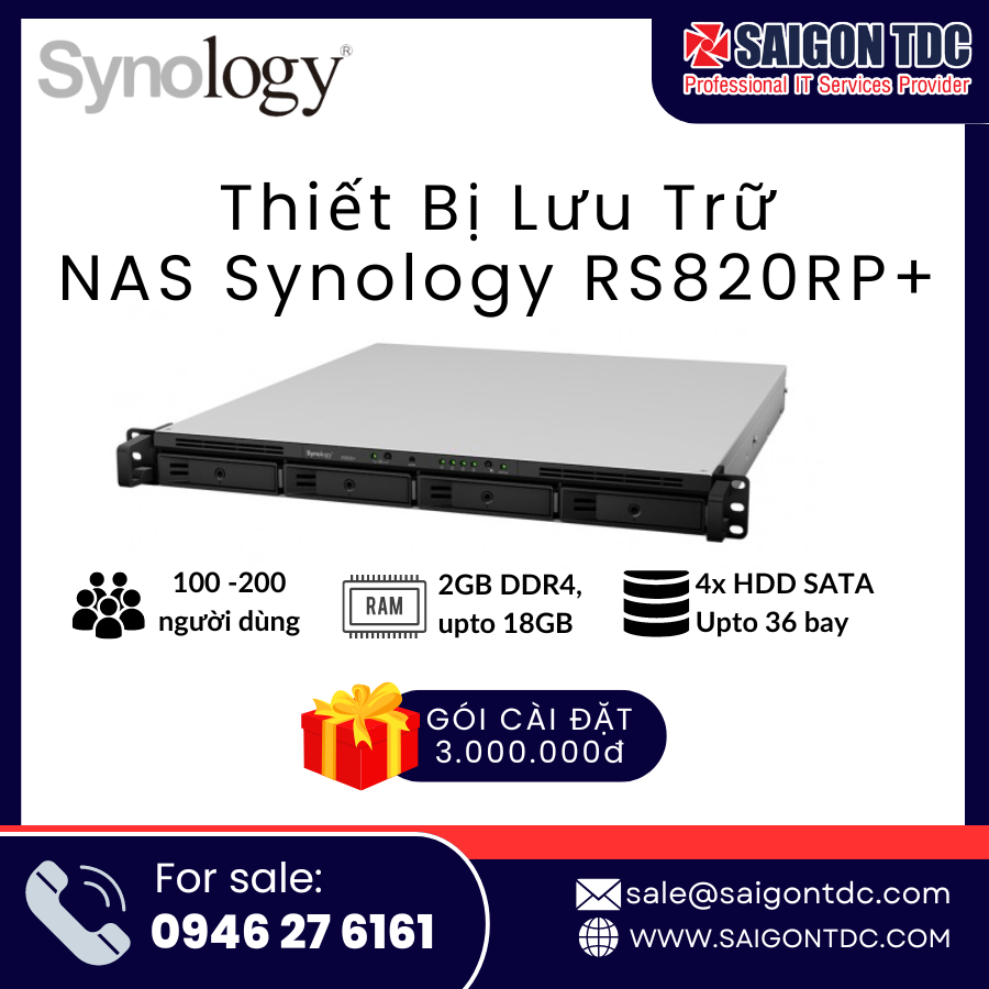 Thiết bị lưu trữ NAS Rackmount Synology RackStation RS820RP+ (1U, 4-Bay, Nguồn Dự Phòng Kép) Chính Hãng tại SaiGon TDC