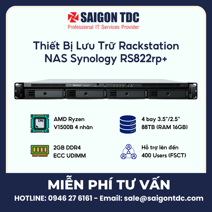 Thiết bị lưu trữ NAS Rackmount Synology RackStation RS822RP+ (1U, 4-Bay, Nguồn Dự Phòng Kép) Chính Hãng tại SaiGon TDC
