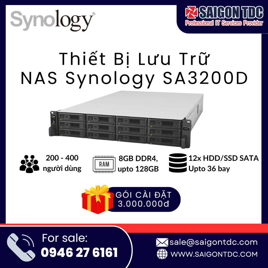 Thiết bị lưu trữ NAS Rackmount Synology SA3200D (2U, 12-Bay Dual Controller Active-Passive) Chính Hãng tại SaiGon TDC