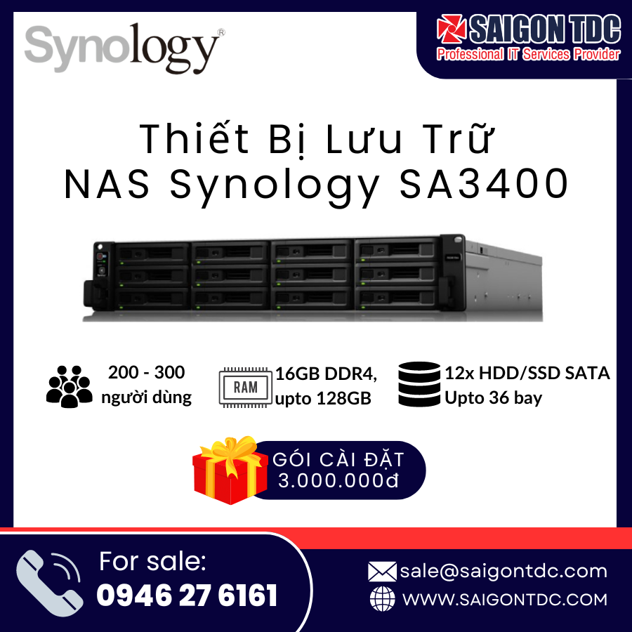 Thiết bị lưu trữ NAS Rackmount Synology SA3400 (2U, 12-Bay SAS/SATA, Xeon 8-Core, Dual 10GbE, Nguồn Kép) Chính Hãng tại SaiGon TDC