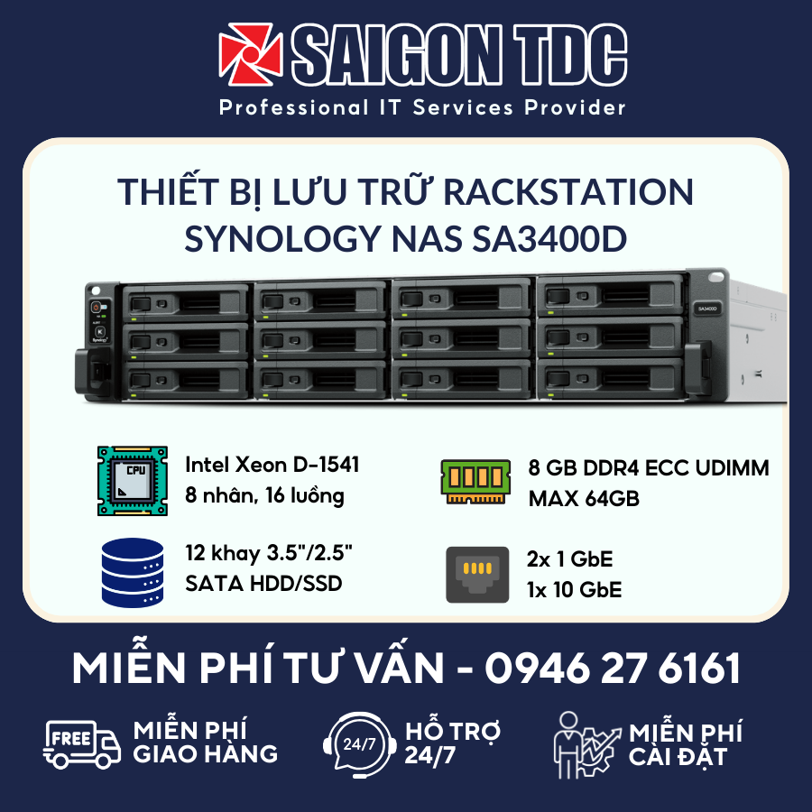 Thiết bị lưu trữ NAS Rackmount Synology SA3400D (2U, 12-Bay Dual Controller Active-Passive) Chính Hãng tại SaiGon TDC