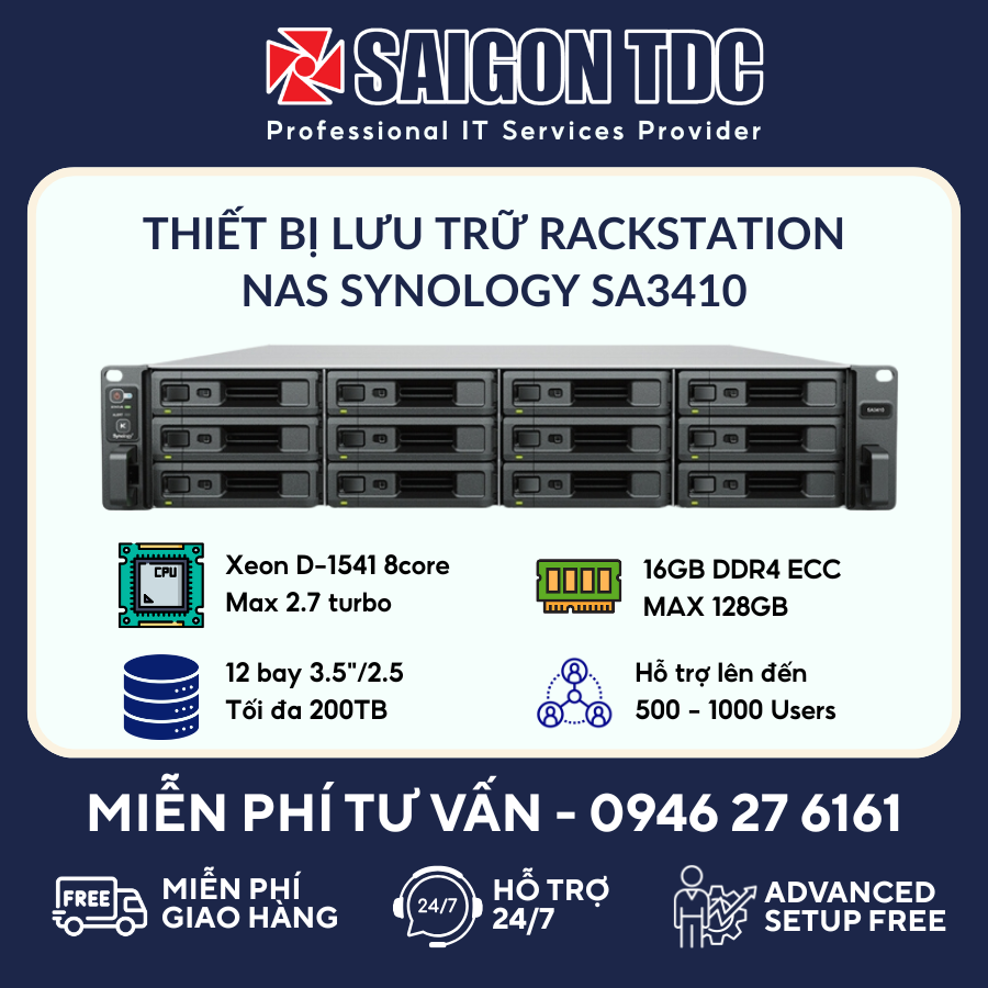 Thiết bị lưu trữ NAS Rackmount Synology SA3410 (2U, 12-Bay, Mở rộng 96-Bay, Dual 10GbE, Nguồn Kép) Chính Hãng tại SaiGon TDC