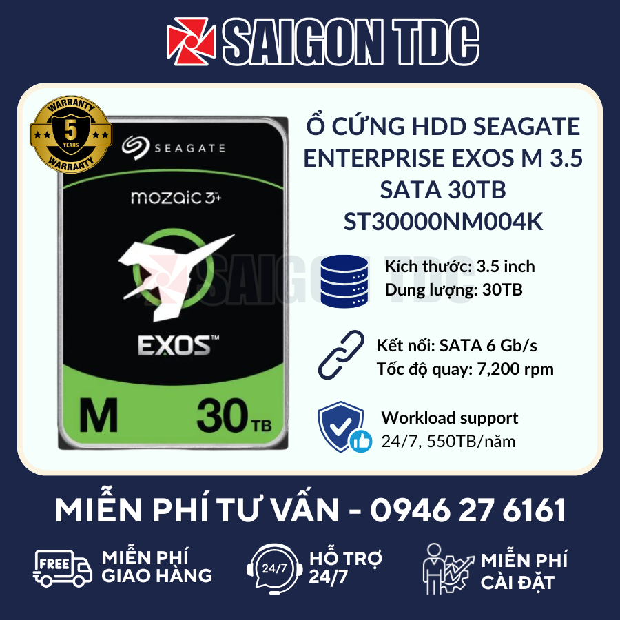 Ổ cứng HDD Server/NAS Seagate Enterprise Exos M 30TB (ST30000NM004K - 3.5" SATA, 7200RPM, 512MB CMR) Chính Hãng tại SaiGon TDC