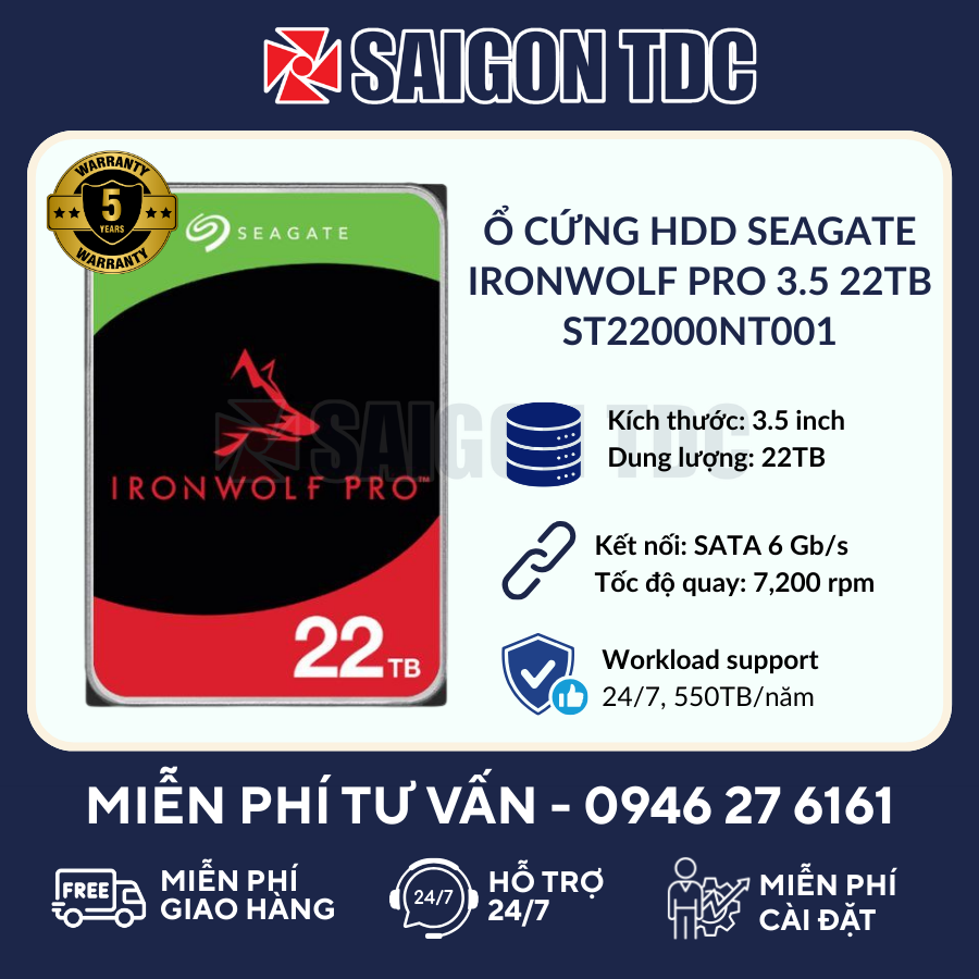 Ổ cứng HDD NAS Seagate IronWolf Pro 22TB (ST22000NT001 - 3.5" SATA, 7200RPM, 512MB Cache, CMR) Chính Hãng tại SaiGon TDC