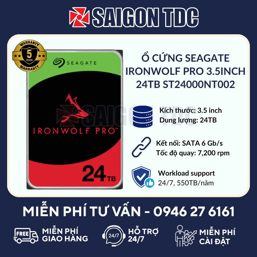 Ổ cứng HDD NAS Seagate IronWolf Pro 24TB (ST24000NT002 - 3.5" SATA, 7200RPM, 512MB Cache, CMR) Chính Hãng tại SaiGon TDC