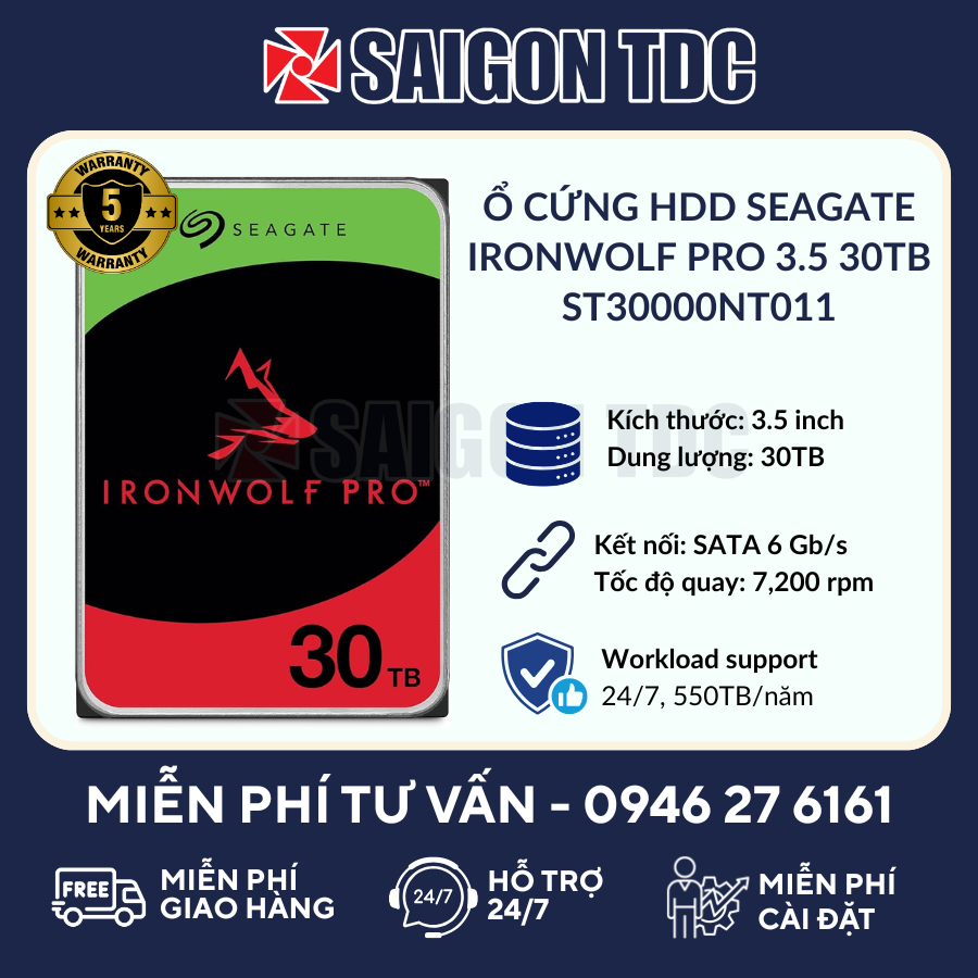 Ổ cứng HDD NAS Seagate IronWolf Pro 30TB (ST30000NT011 - 3.5" SATA, 7200RPM, 512MB Cache, HAMR CMR) Chính Hãng tại SaiGon TDC
